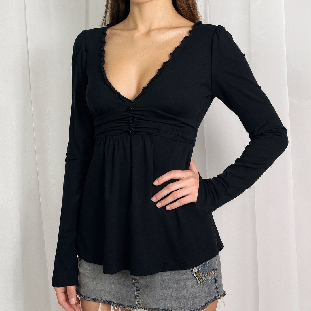 Damen Langarm-Wickelshirt im Empire-Stil mit geraffter Unterbrust und Rüschenkragen Drune