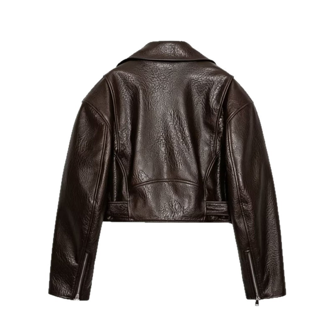 Damen Kurzgeschnittene Bikerjacke aus strukturiertem Lederimitat mit Taillengürtel Drune
