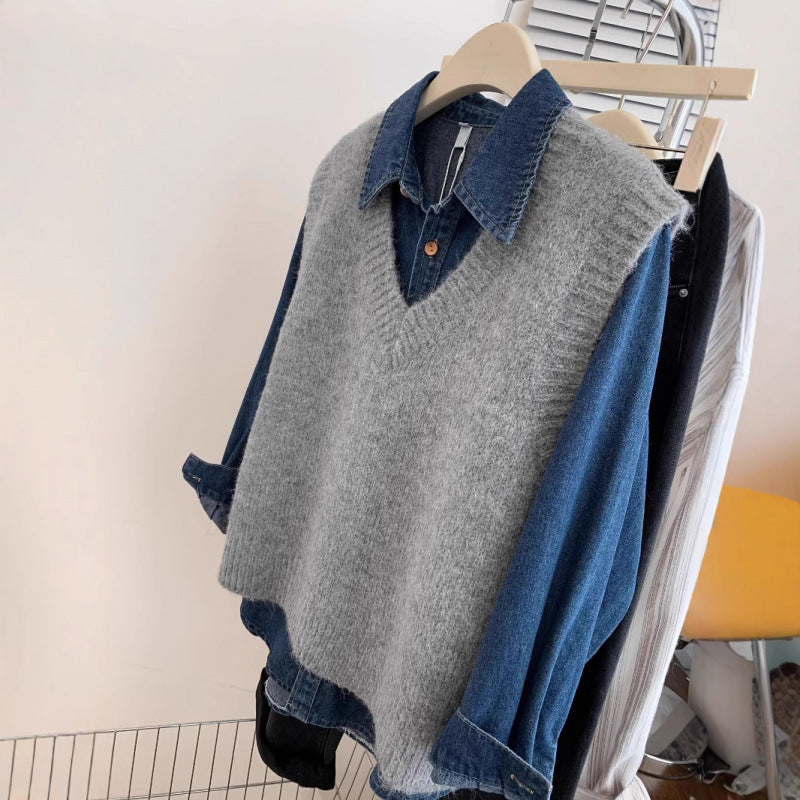 Damen stylischer V-Ausschnitt Strickpullover mit lässigem Denim-Layering Drune