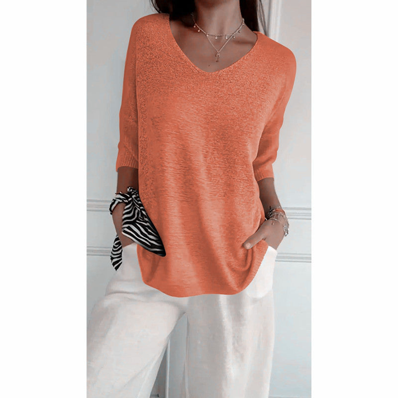 Damen nan locker sitzender V-Ausschnitt Feinstrickpullover mit dreiviertelÄrmeln Drune