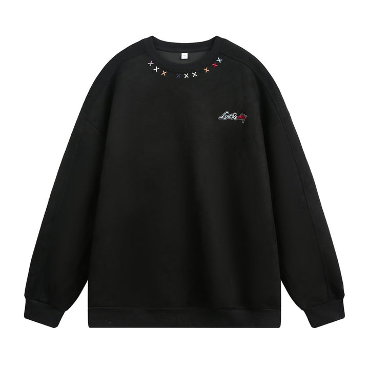 Unisex Oversize Rundhals-Sweatshirt mit bunter Kragenstickerei und Drop-Shoulder Drune