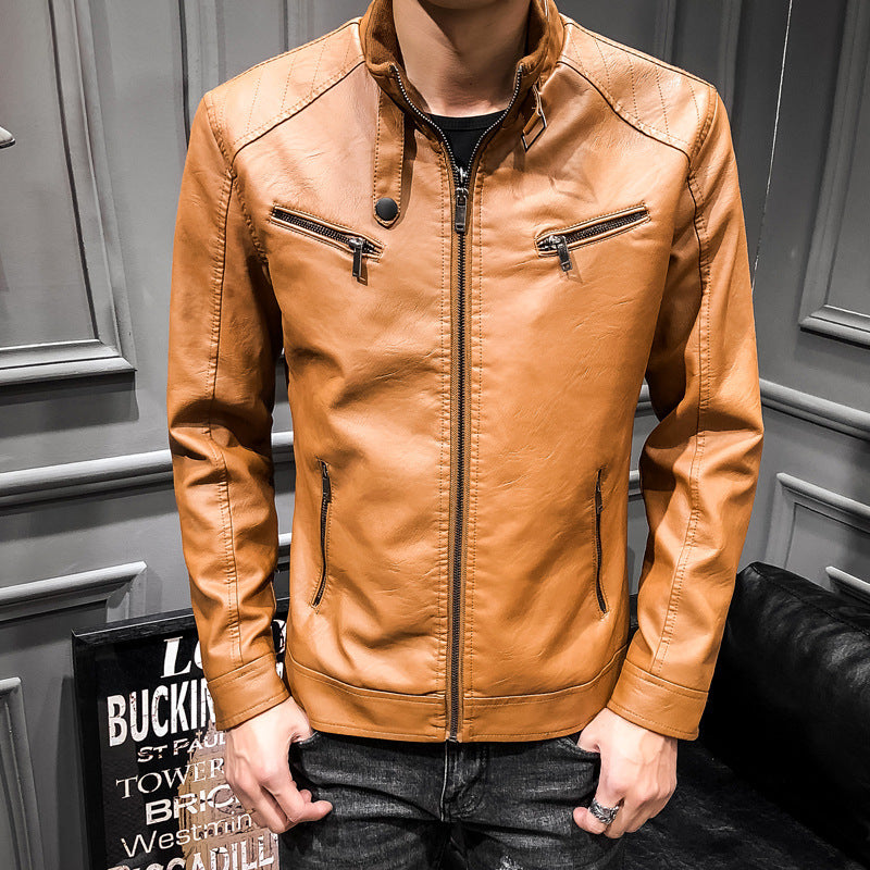 Herren Slim-Fit Kunstleder‑Racerblouson mit Stehkragen und Reißverschluss‑Brusttaschen Drune