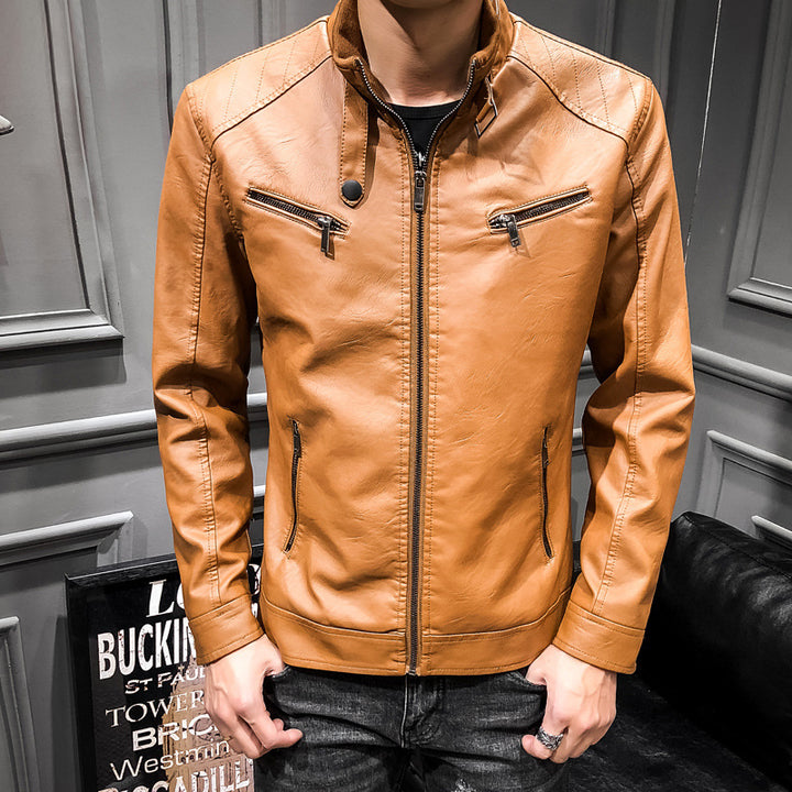 Herren Slim-Fit Kunstleder‑Racerblouson mit Stehkragen und Reißverschluss‑Brusttaschen Drune