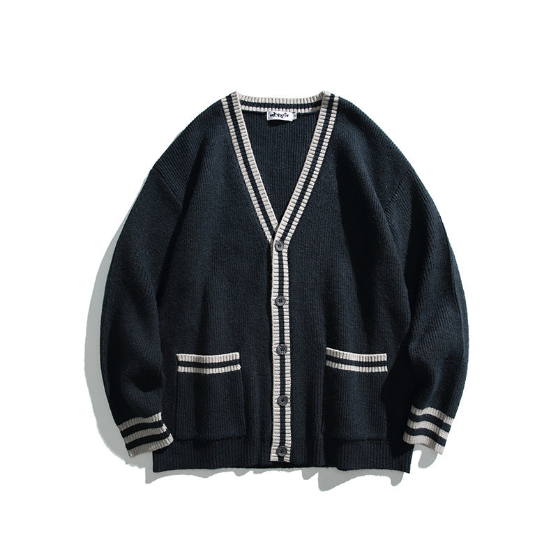 Unisex Oversize-Strickcardigan mit Kontraststreifen, V‑Ausschnitt und aufgesetzten Taschen Drune