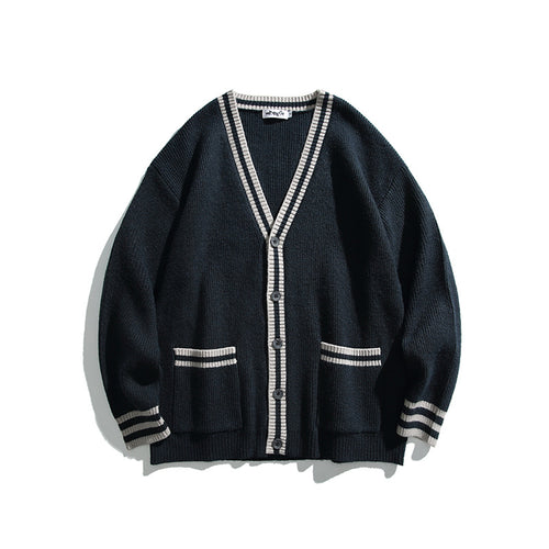 Unisex Oversize-Strickcardigan mit Kontraststreifen, V‑Ausschnitt und aufgesetzten Taschen Drune