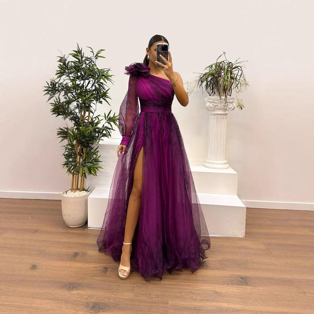 Drune | Frühling Herbst Schräg Schulter Mesh Blumenmuster Kleid Lässig Locker Festlich Kleid