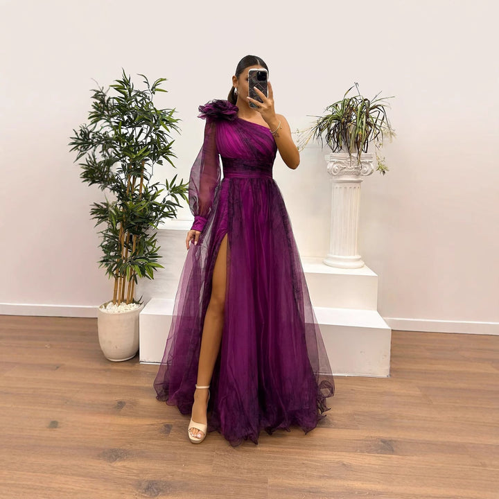 Drune | Frühling Herbst Schräg Schulter Mesh Blumenmuster Kleid Lässig Locker Festlich Kleid