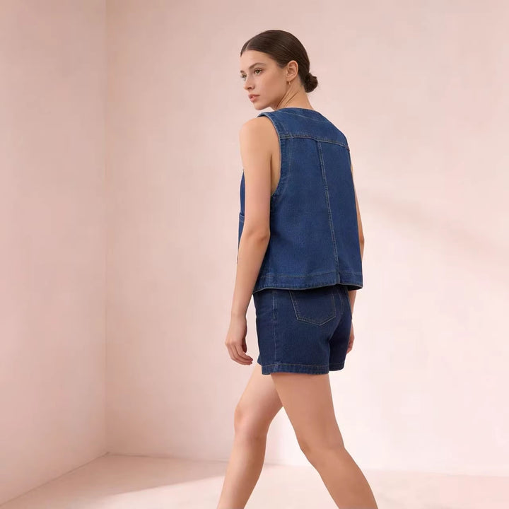 Damen lässige Denim-Weste mit Knopfdetails und aufgesetzten Taschen Drune