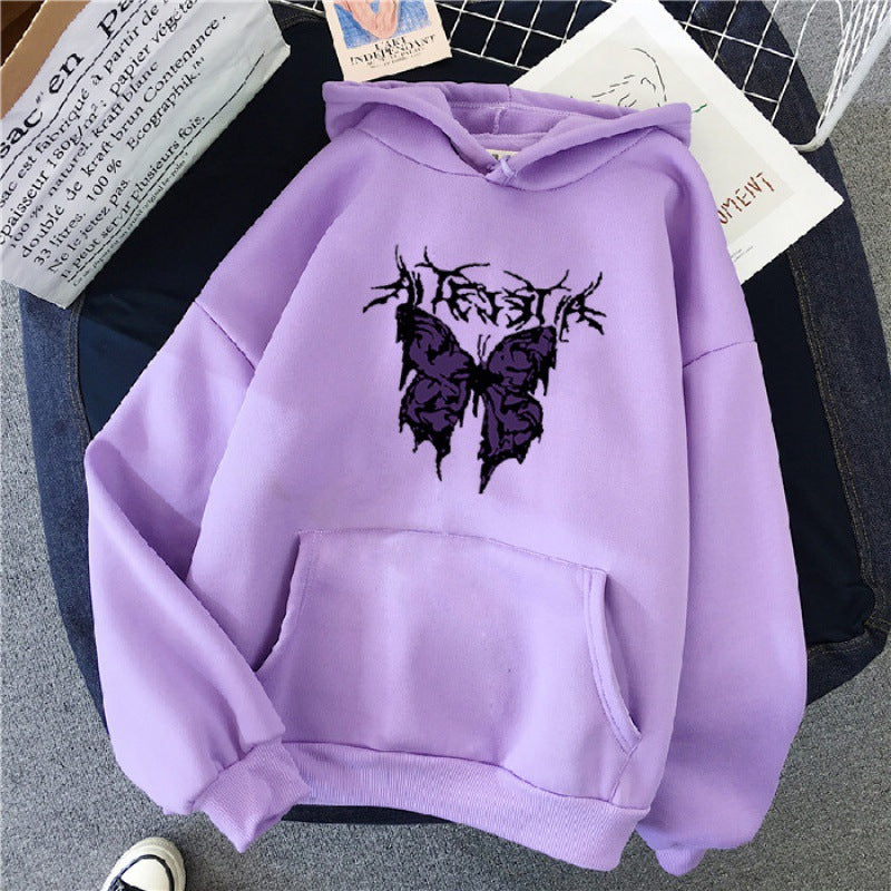 Damen nan Oversize-Kapuzenpullover mit gothischer Schmetterlings-Illustration und Kängurutasche Drune