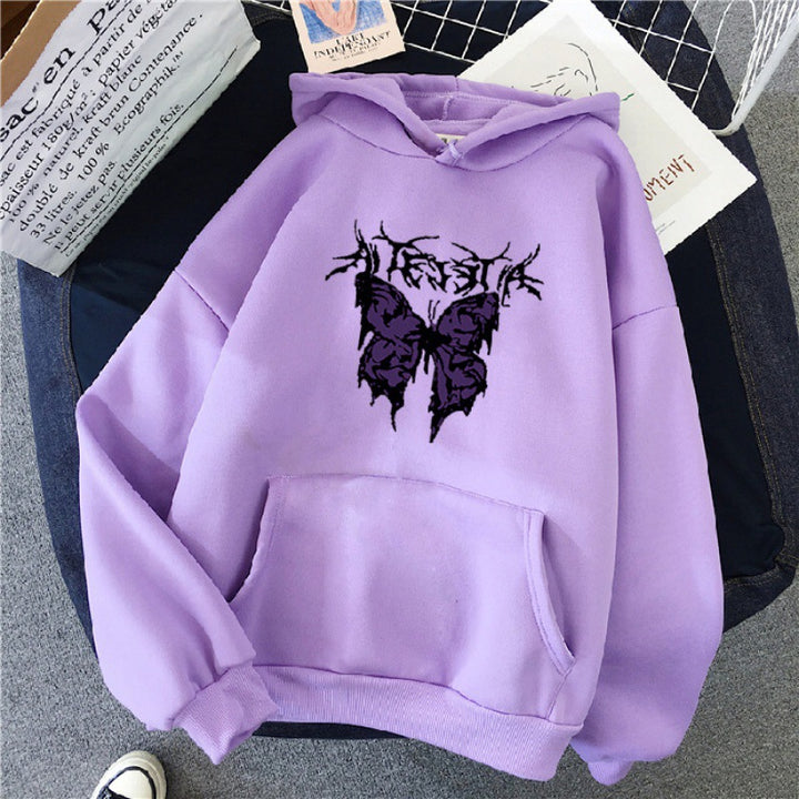 Damen nan Oversize-Kapuzenpullover mit gothischer Schmetterlings-Illustration und Kängurutasche Drune