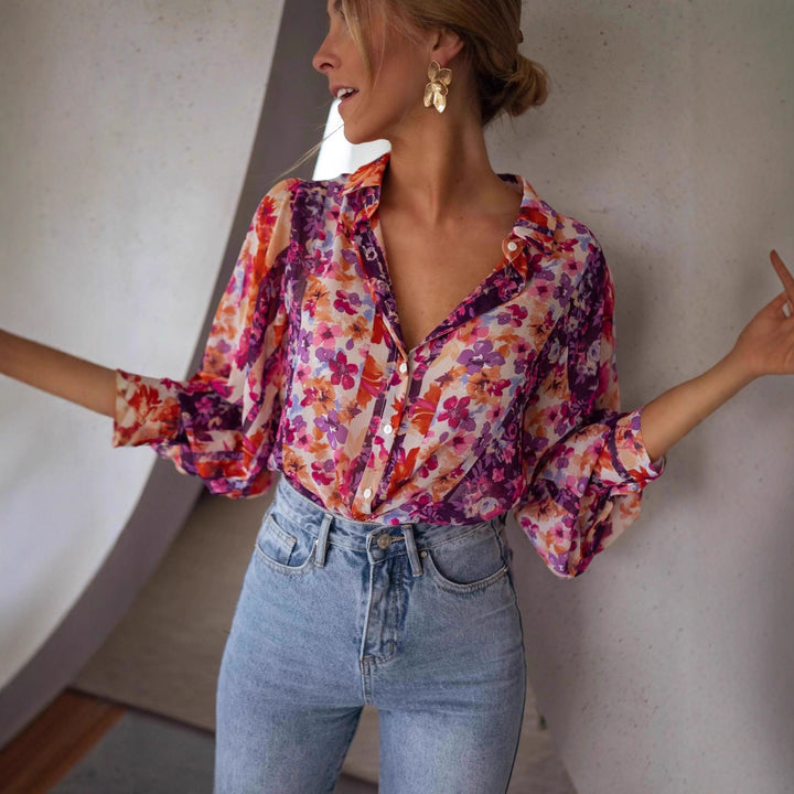 Damen Bluse mit floralen Mustern und eleganten Volantärmeln Drune