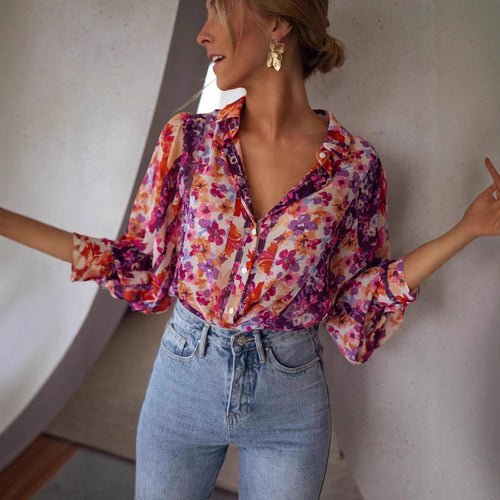 Damen Bluse mit floralen Mustern und eleganten Volantärmeln Drune