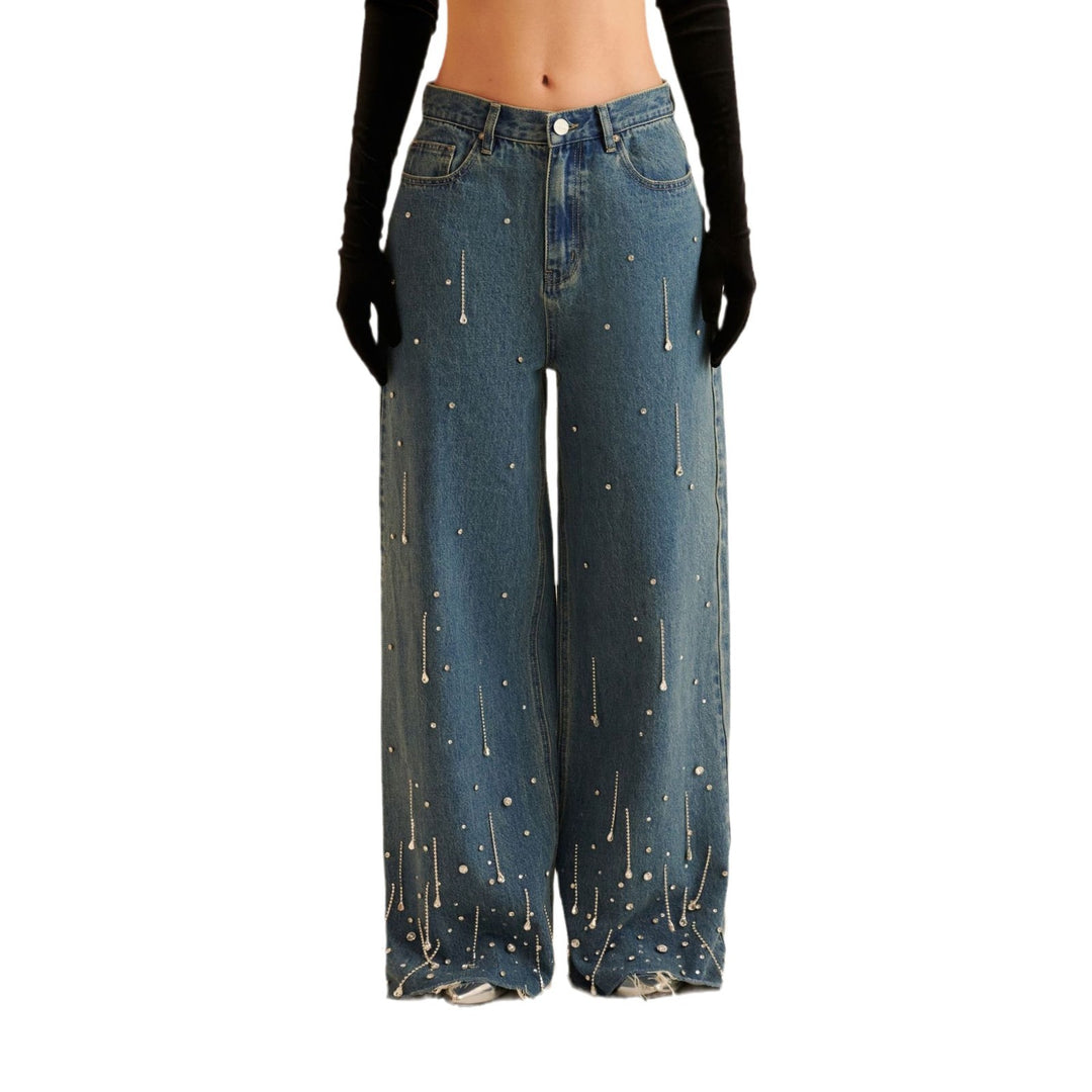 Damen Weit geschnittene Jeans mit funkelnden Perlenakzenten und lässigem Design Drune