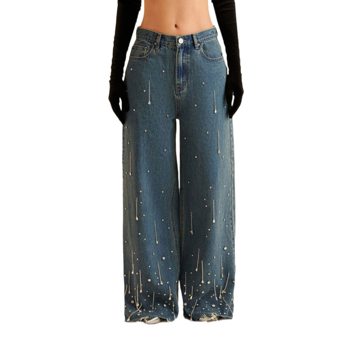 Damen Weit geschnittene Jeans mit funkelnden Perlenakzenten und lässigem Design Drune