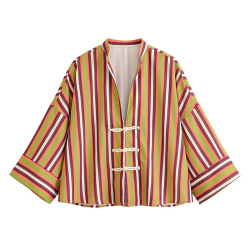 Damen Gestreifte Kimono‑Jacke mit kurzen Trompetenärmeln und dekorativen Knotenverschlüssen Drune