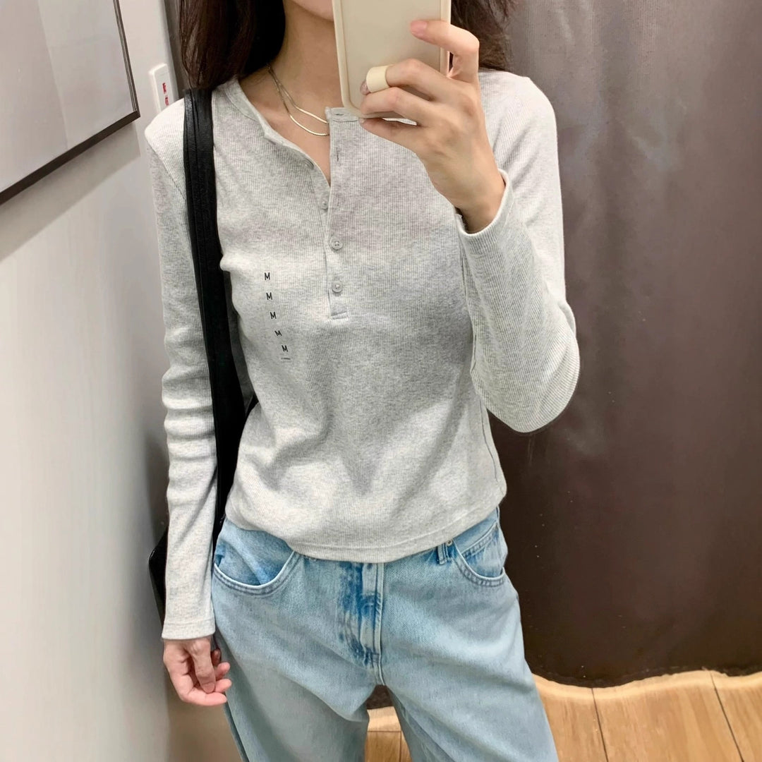 Damen Langarm-Henley-Shirt aus feiner Baumwollmischung Drune