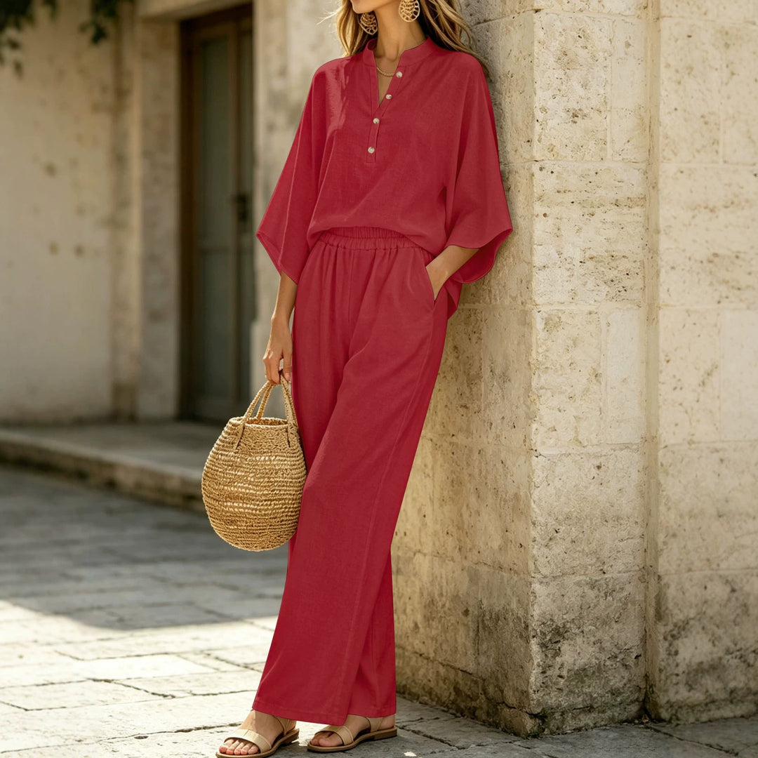 Damen Leichtes Jersey-Set mit Oversize-Henleybluse, Kimonoärmeln und weiter Bundhose Drune