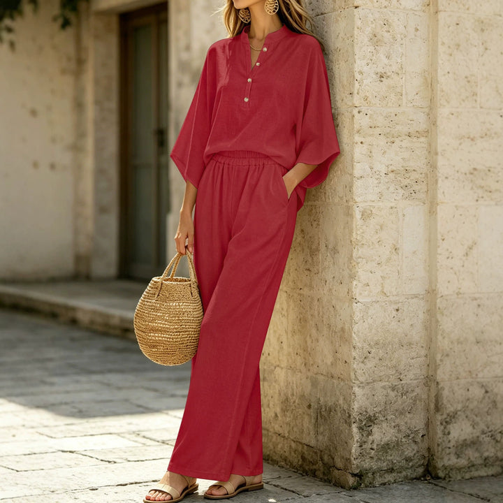 Damen Leichtes Jersey-Set mit Oversize-Henleybluse, Kimonoärmeln und weiter Bundhose Drune