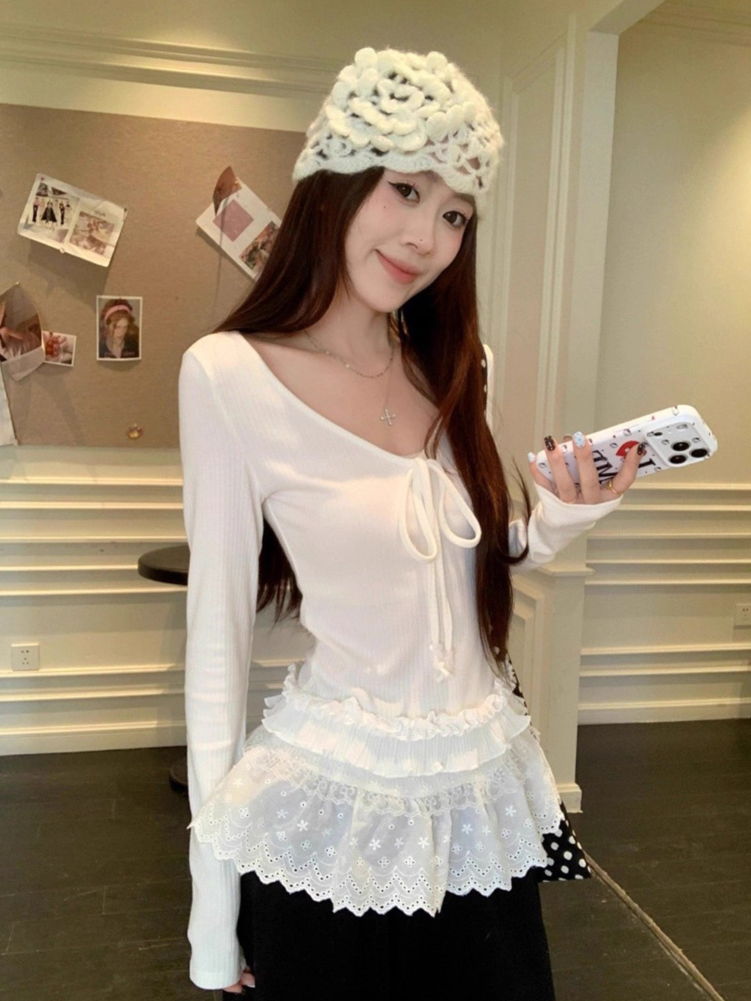 Damen elegantes Langarmshirt mit Rüschendetails und verstellbarem Ausschnitt Drune