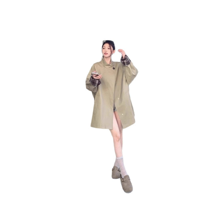 Damen Oversized Kurzmantel mit Stehkragen und kariertem Ärmelfutter Drune