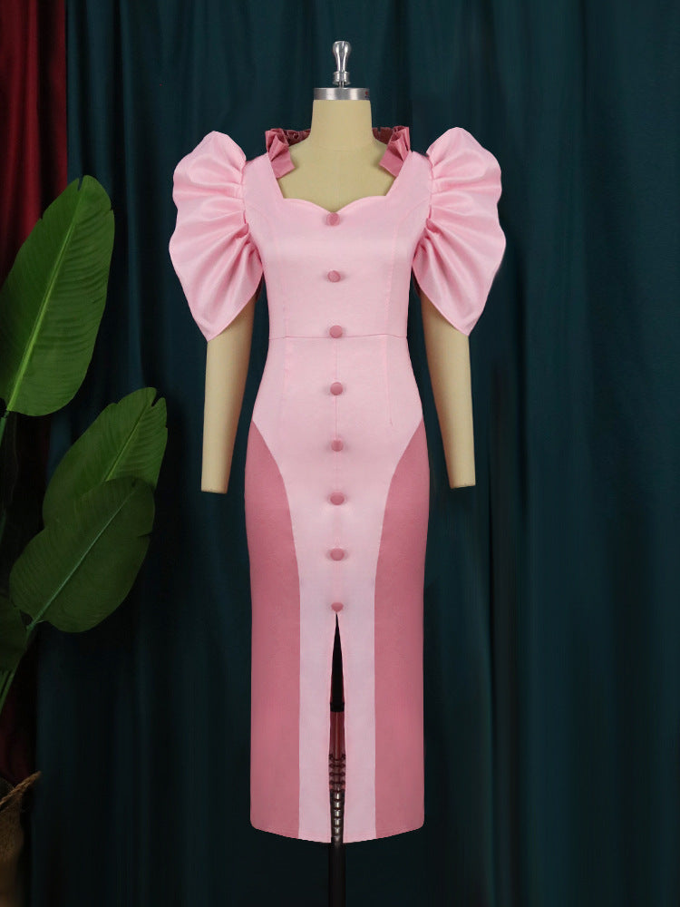 Damen Cocktailkleid mit voluminösen Puffärmeln und elegantem Schlitz Drune