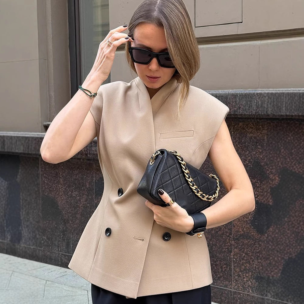Damen Ärmellose taillierte Blazer-Weste mit doppelter Knopfleiste & strukturierter Schulterpartie Drune