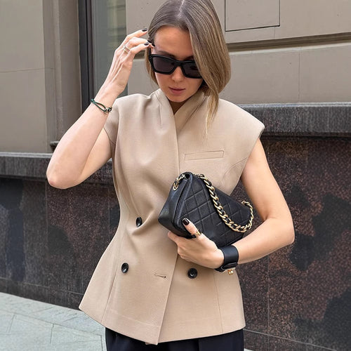 Damen Ärmellose taillierte Blazer-Weste mit doppelter Knopfleiste & strukturierter Schulterpartie Drune