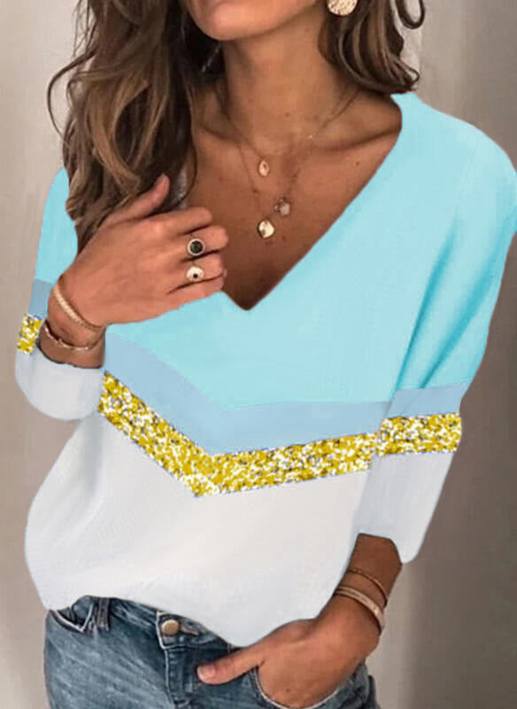 Damen Stylischer V-Ausschnitt Feinstrickpullover mit Glitzerband und Colorblock-Einsatz Drune