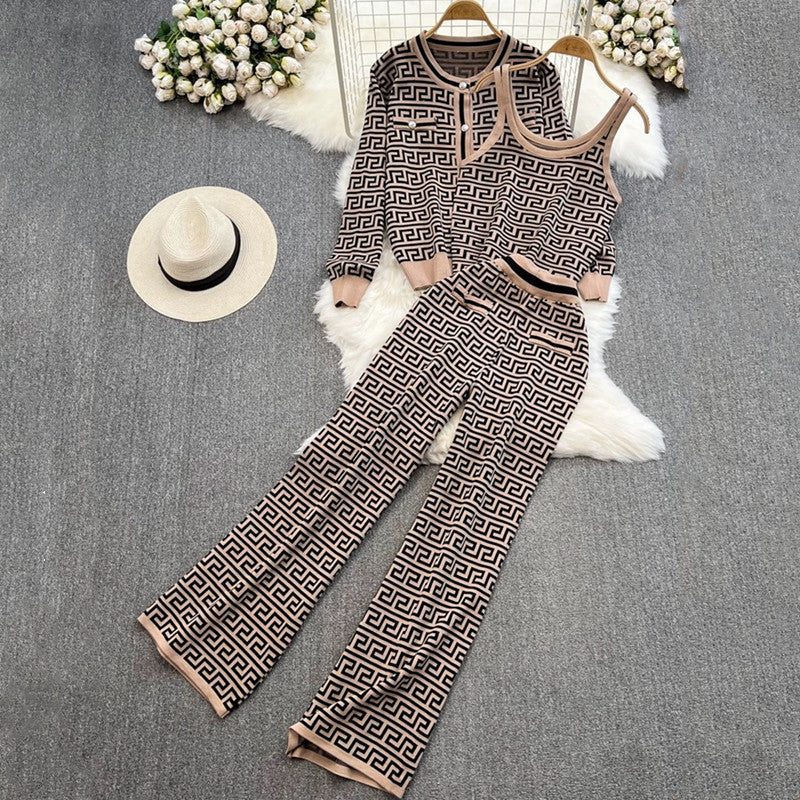 Damen modisches Strick-Loungewear-Set mit geometrischem Muster und Cardigan Drune