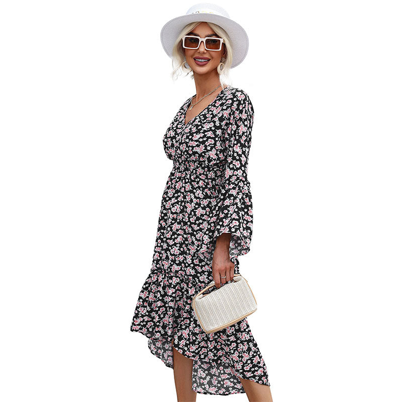 Damen Midikleid im Chiffon‑Look mit floralem Print, V‑Ausschnitt, Glockenärmeln und Stufenvolant Drune
