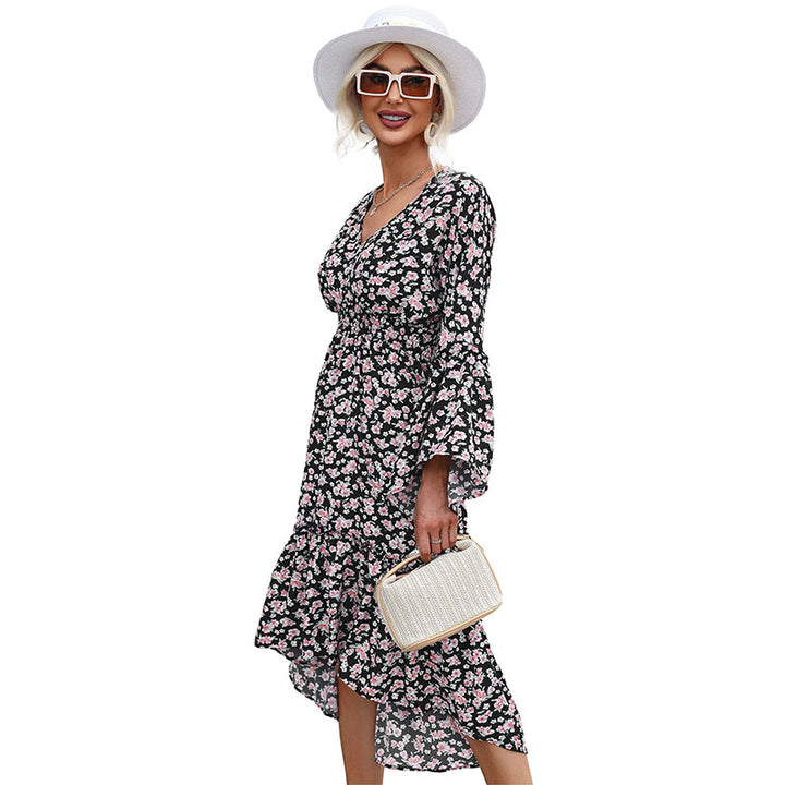 Damen Midikleid im Chiffon‑Look mit floralem Print, V‑Ausschnitt, Glockenärmeln und Stufenvolant Drune