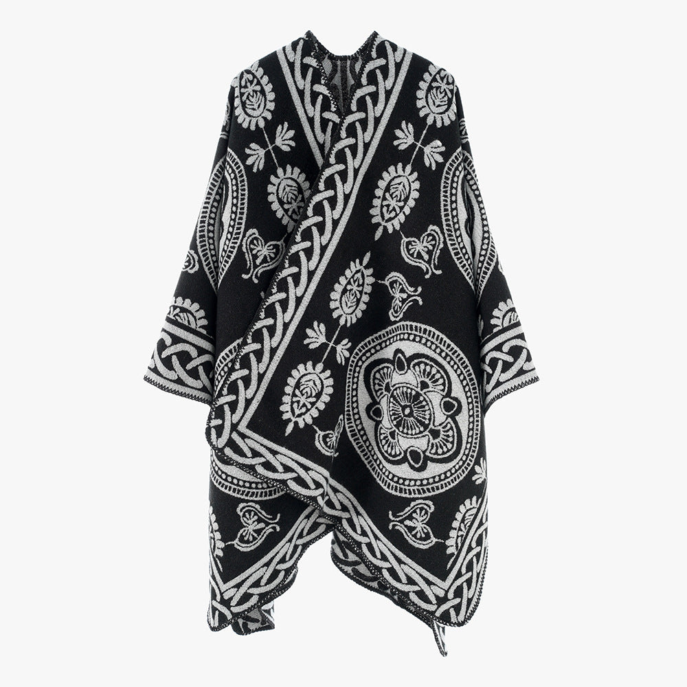 Damen Oversize-Cape mit ornamentalem Jacquard und asymmetrischem Zipfelsaum Drune