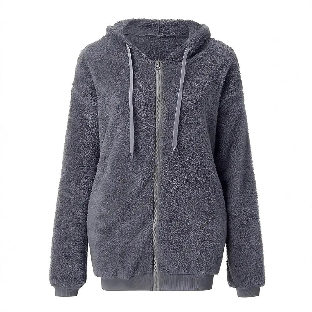 Damen Flauschige Kapuzenjacke mit Reißverschluss und praktischem Design Drune