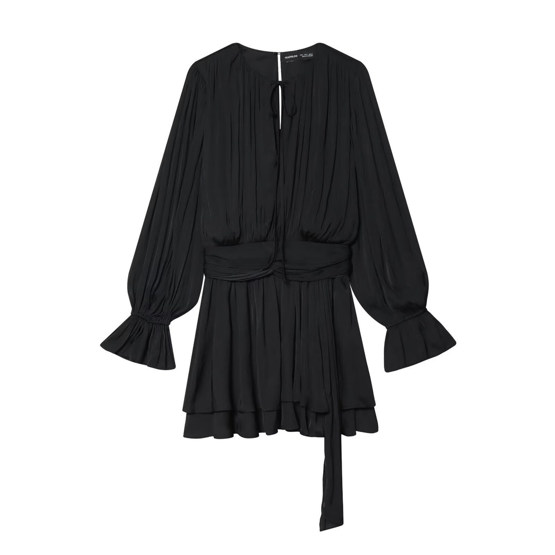Damen Plissiertes Bindeblouson-Minikleid mit tailliertem Wickelgürtel und Glockenärmeln Drune