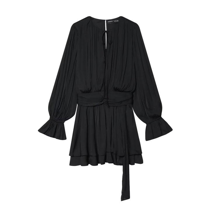 Damen Plissiertes Bindeblouson-Minikleid mit tailliertem Wickelgürtel und Glockenärmeln Drune