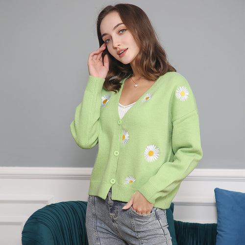 Damen Kurzgeschnittener V-Ausschnitt-Strickcardigan mit gestickten Gänseblümchen und Rippbündchen Drune