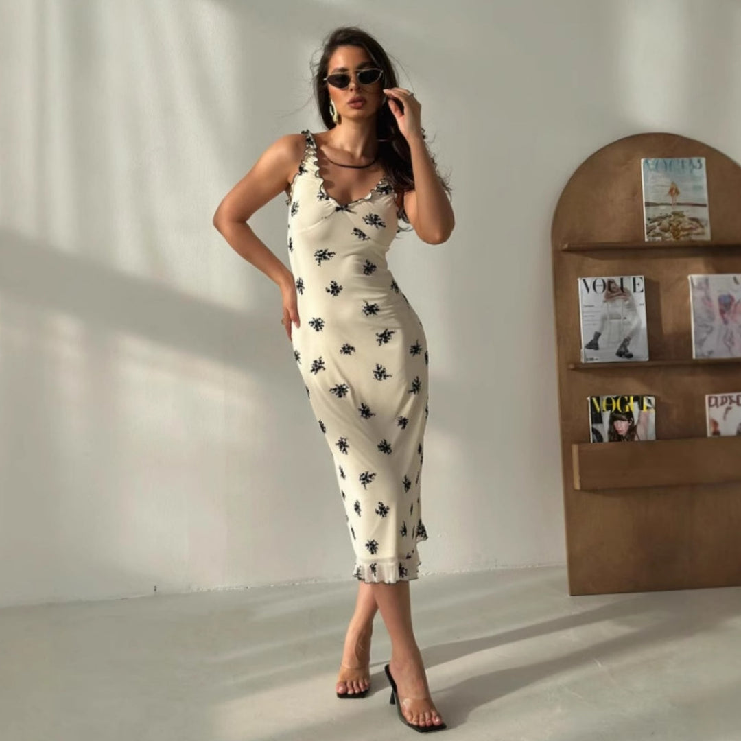 Damen Elegantes Maxikleid mit floralen Motiven und Rüschen Drune