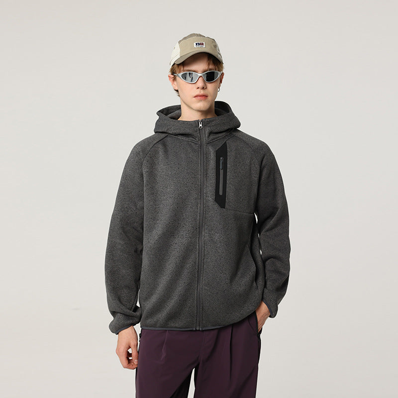 Herren Oversize Kapuzen‑Fleecejacke mit melierter Struktur, durchgehendem Reißverschluss und vertikaler Brusttasche Drune