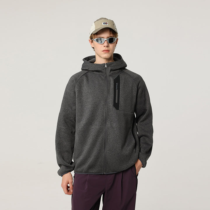 Herren Oversize Kapuzen‑Fleecejacke mit melierter Struktur, durchgehendem Reißverschluss und vertikaler Brusttasche Drune