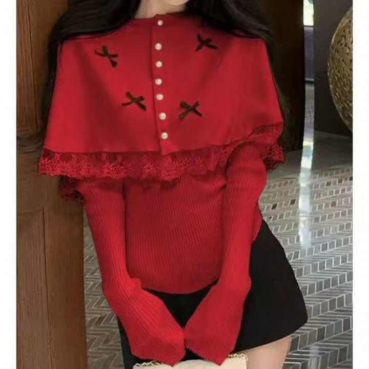 Damen Elegante Strickbluse mit Spitzenbesatz und dekorativen Knöpfen Drune