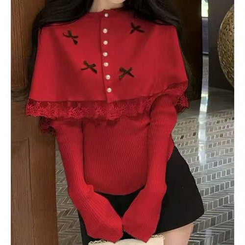 Damen Elegante Strickbluse mit Spitzenbesatz und dekorativen Knöpfen Drune