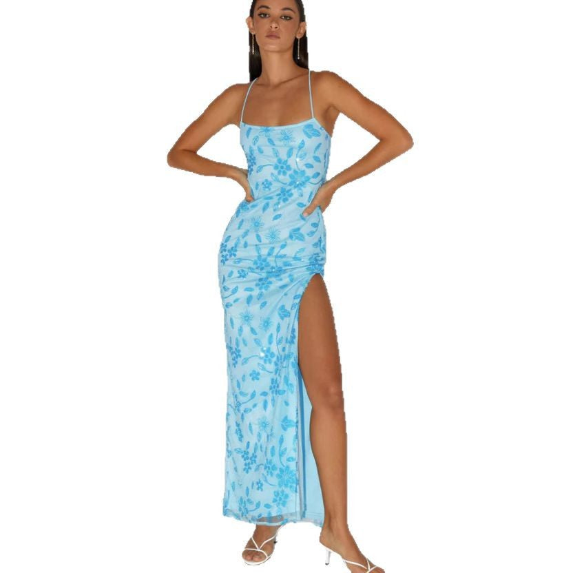 Damen Couture Maxikleid mit floralem Smock-Design und verführerischem Rücken Drune