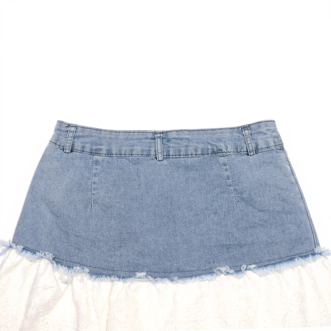 Femme Denim und Spitze A-Linie Rock Drune