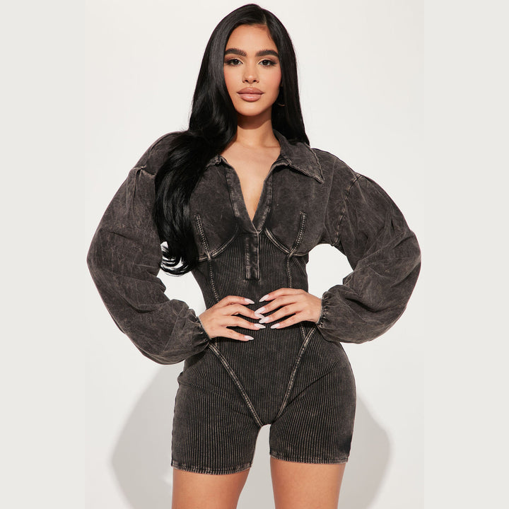 Damen Modischer Jumpsuit mit Puffärmeln und Rippstruktur Drune