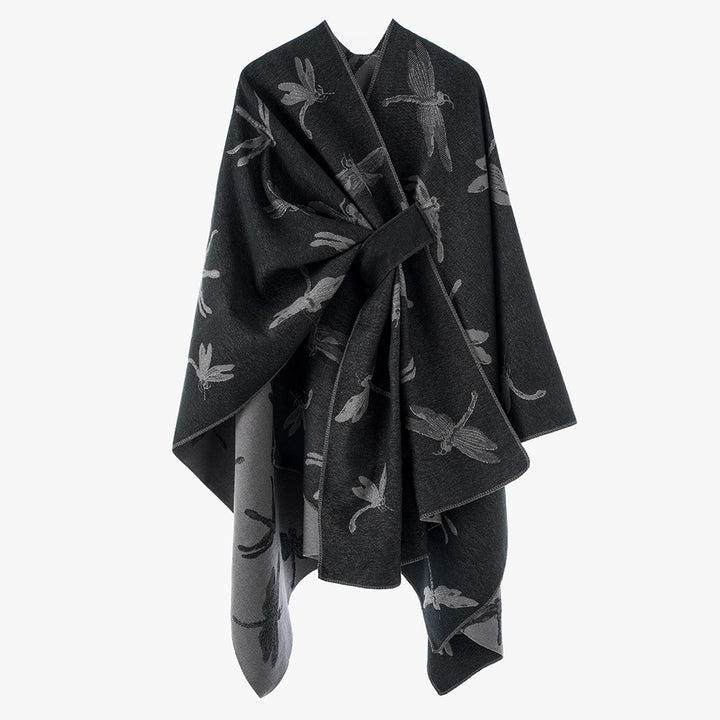 Damen Reversibler Jacquard‑Capeponcho mit feinem Insekten‑Jacquard und Bindeschlitz Drune