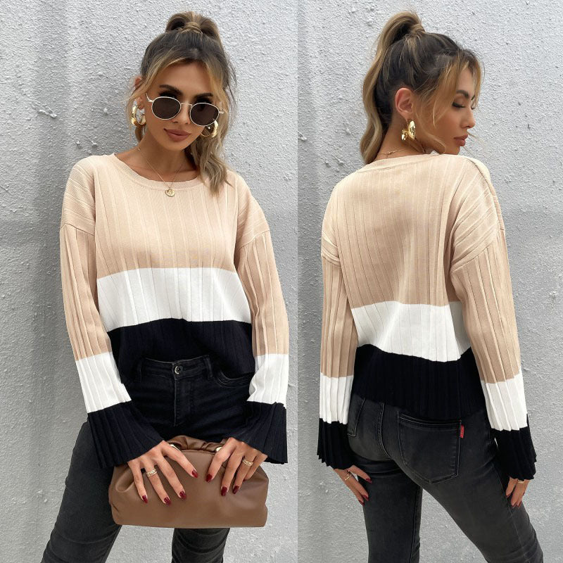 Damen Gerippter Colorblock-Pullover mit weitem Ärmelbündchen Drune