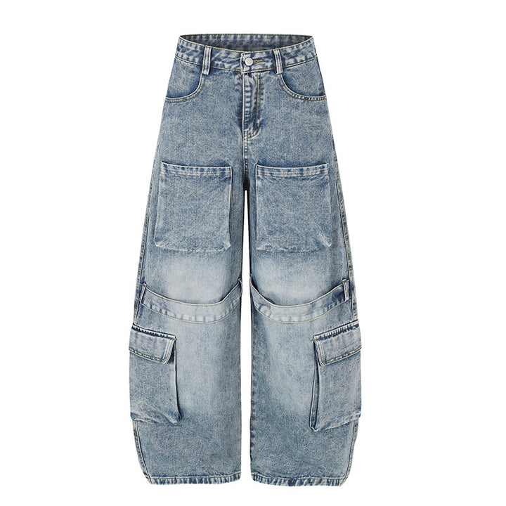 Damen Hochgeschnittene weite Cargo-Palazzo-Jeans mit großen aufgesetzten Taschen und Vintage-Waschung Drune