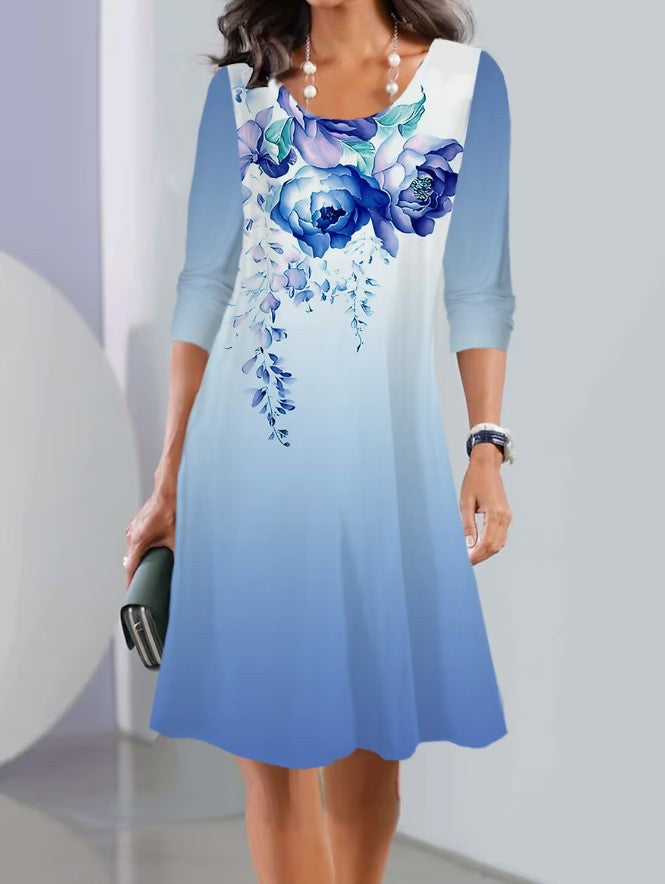 Damen A-Linien Kleid mit floralem Druck, U-Ausschnitt, Dreiviertelärmel und sanftem Ombre Drune