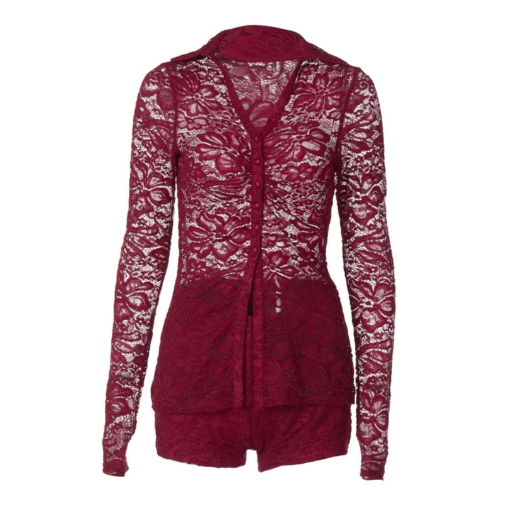 Damen Elegante Spitze Bluse mit langen Ärmeln und femininer Silhouette Drune