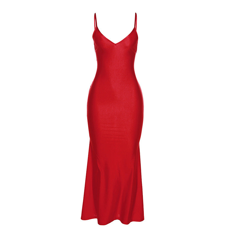 Damen elegantes figurbetontes Abendkleid mit Spaghettiträgern und fließendem Schnitt Drune
